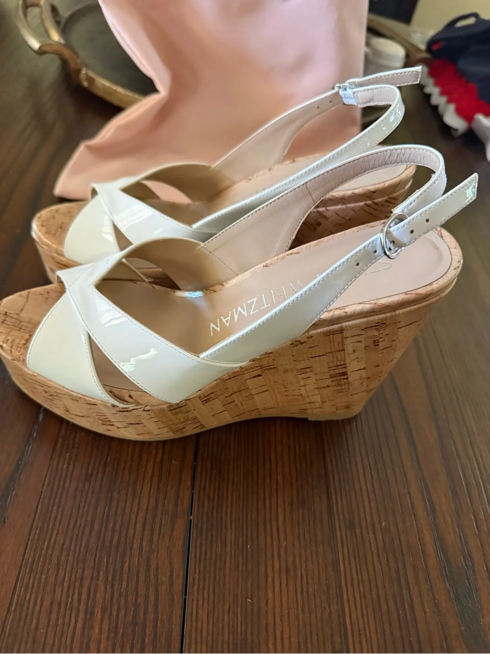 Stuart Weitzman White Patent Leather Carmen Wedge Sandals - Picture 6 of 11